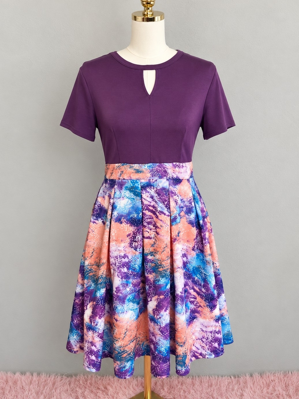 YATHON Purple Galaxy Print Fit & Flare Dress Size Large Pockets
